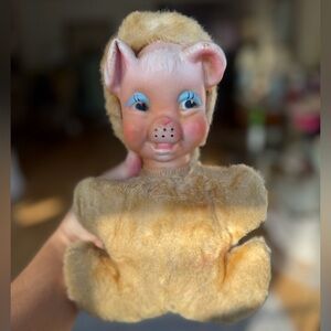 Vintage Rushton Plush Rubber Face Bear Pig Cute Doll Stuffed Musical Working 8”